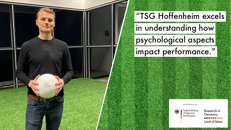 Adam Beaven holds a ball in his hand and looks into the camera. On the right-hand side is a quote "TSG Hoffenheim excels in understanding how psychological aspects impact performance"