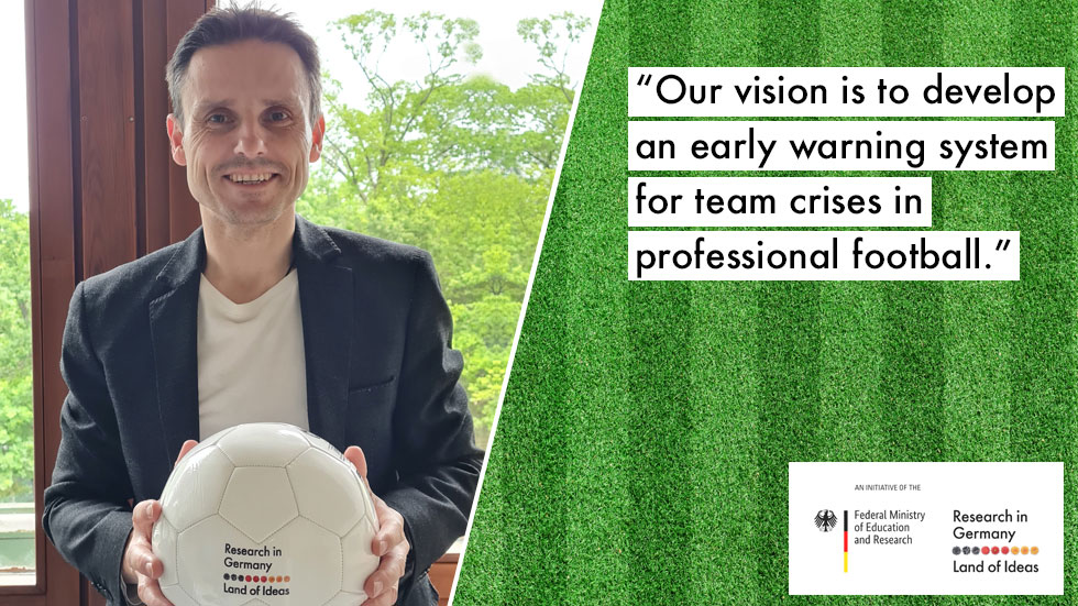 Darko holds a ball in his hand and looks into the camera. On the right-hand side is a quote "We want to push the boundaries of AI-based tactical football analysis"