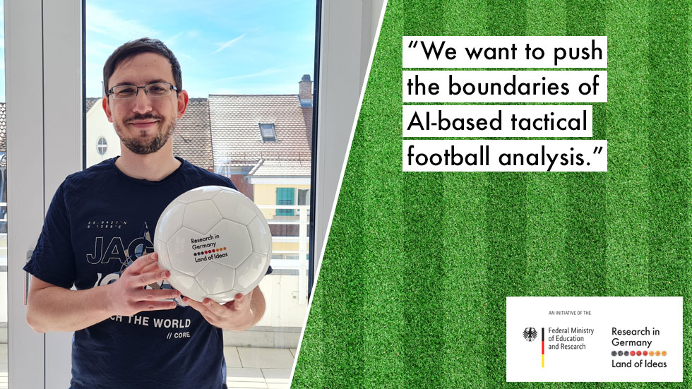 Manuel holds a ball in his hand and looks into the camera. On the right-hand side is a quote "We want to push the boundaries of AI-based tactical football analysis"