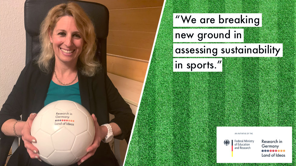 Pamel holds a ball in her hand and looks into the camera. On the right-hand side is a quote "We are breaking new ground in assessing sustainability in sports"